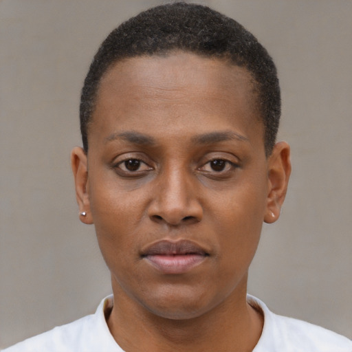 Neutral black young-adult female with short  brown hair and brown eyes