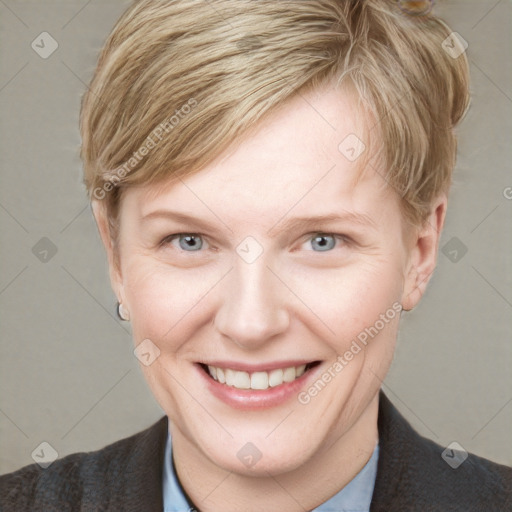 Joyful white young-adult female with short  brown hair and grey eyes