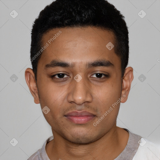 Neutral latino young-adult male with short  black hair and brown eyes