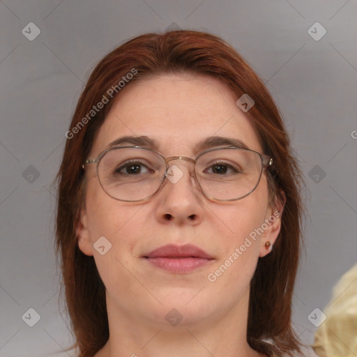 Joyful white adult female with medium  brown hair and brown eyes