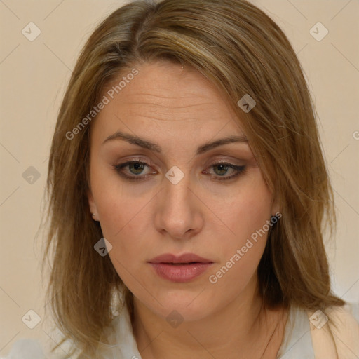 Neutral white young-adult female with medium  brown hair and brown eyes