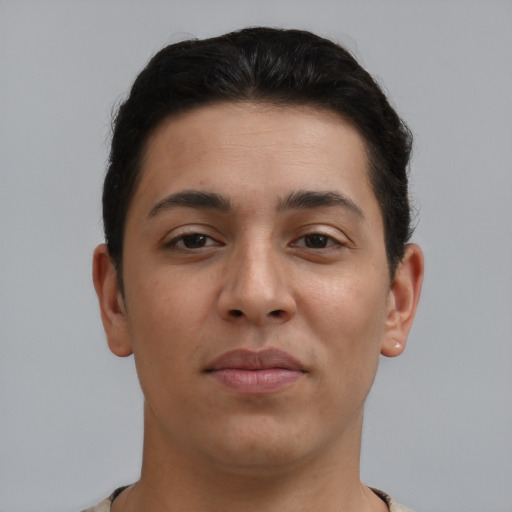 Neutral latino young-adult male with short  brown hair and brown eyes