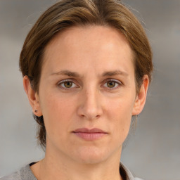 Joyful white adult female with medium  brown hair and grey eyes