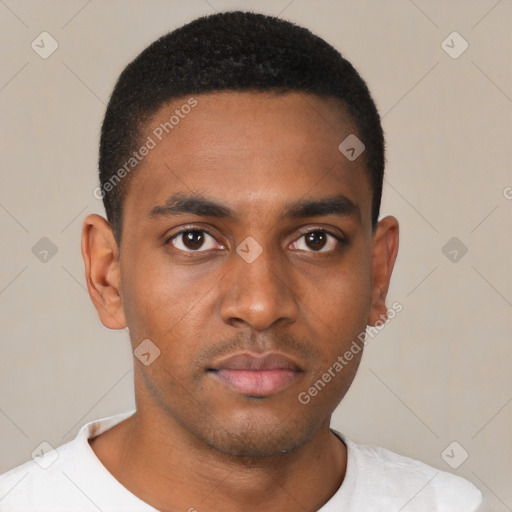 Neutral black young-adult male with short  black hair and brown eyes