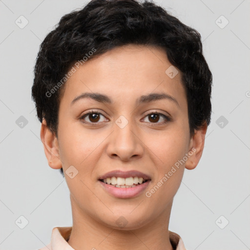 Joyful latino young-adult female with short  brown hair and brown eyes