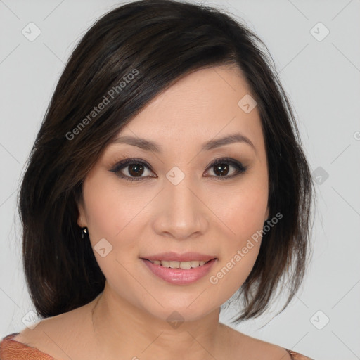 Joyful white young-adult female with medium  brown hair and brown eyes