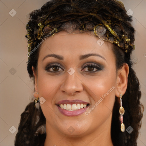 Joyful latino young-adult female with long  brown hair and brown eyes