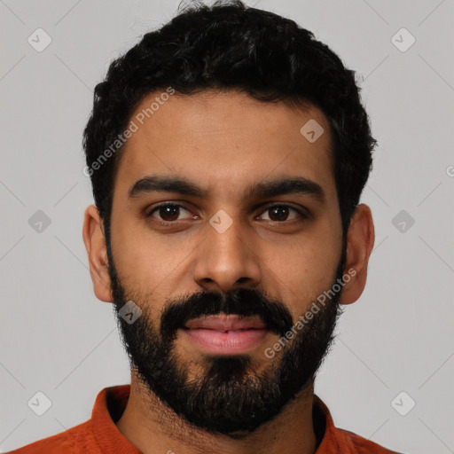 Neutral latino young-adult male with short  black hair and brown eyes