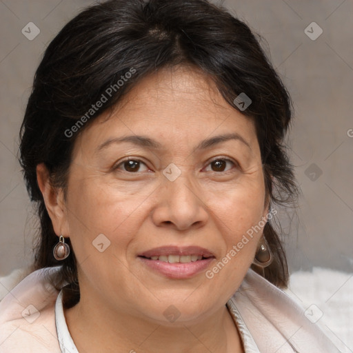 Joyful white adult female with medium  brown hair and brown eyes