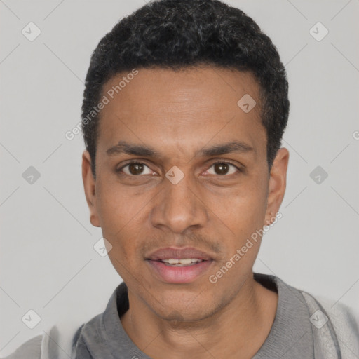 Neutral black adult male with short  black hair and brown eyes