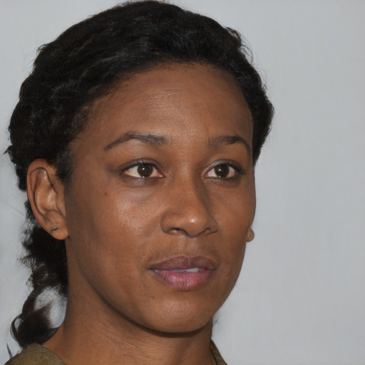 Neutral black young-adult female with short  brown hair and brown eyes