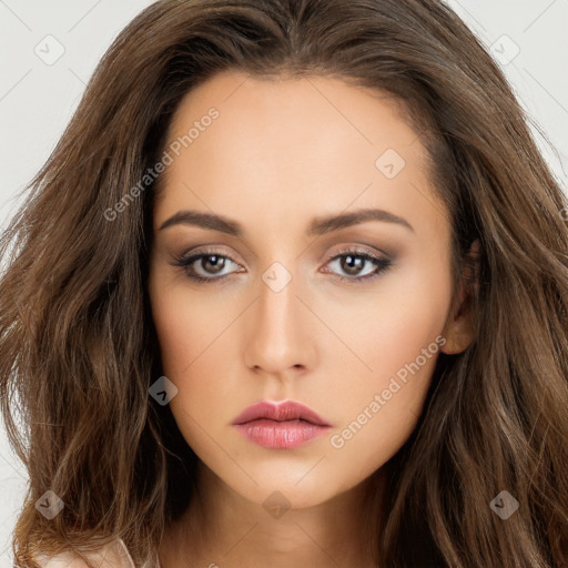 Neutral white young-adult female with long  brown hair and brown eyes