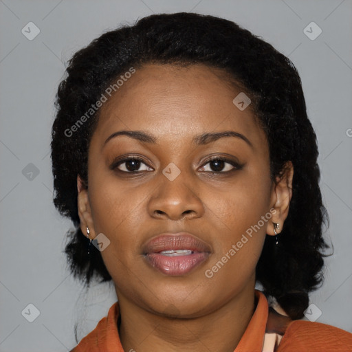 Joyful black young-adult female with medium  black hair and brown eyes