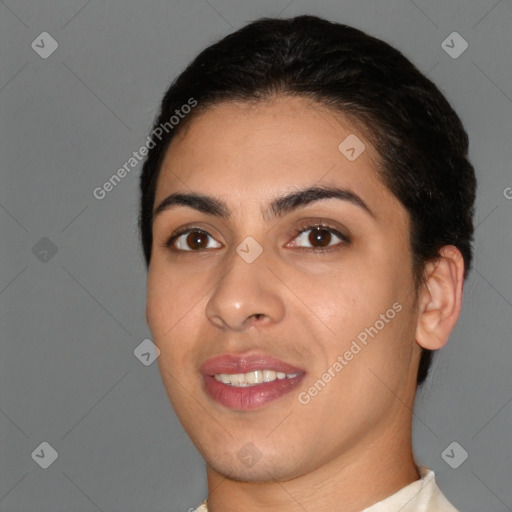 Joyful white young-adult female with short  brown hair and brown eyes