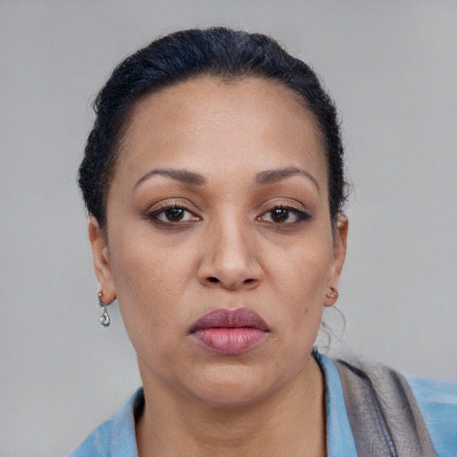 Neutral black adult female with short  brown hair and brown eyes