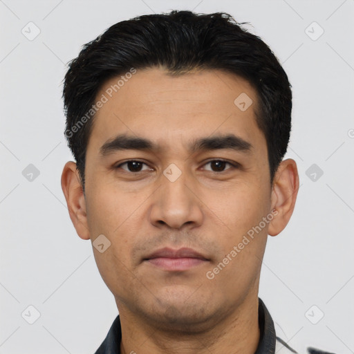 Neutral asian young-adult male with short  black hair and brown eyes