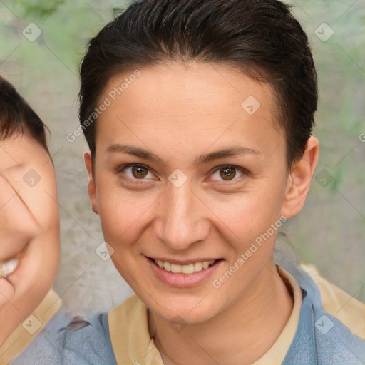 Joyful white young-adult female with short  brown hair and brown eyes