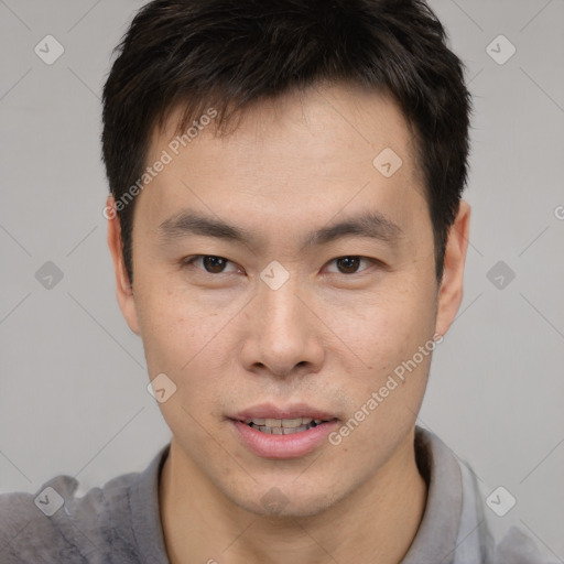 Neutral asian young-adult male with short  brown hair and brown eyes