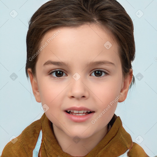 Joyful white child female with short  brown hair and brown eyes