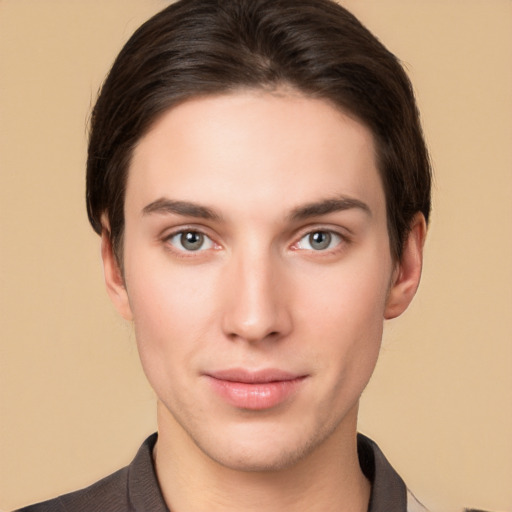 Neutral white young-adult male with short  brown hair and brown eyes