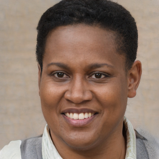 Joyful black young-adult female with short  brown hair and brown eyes