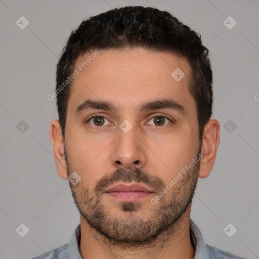 Neutral white young-adult male with short  brown hair and brown eyes