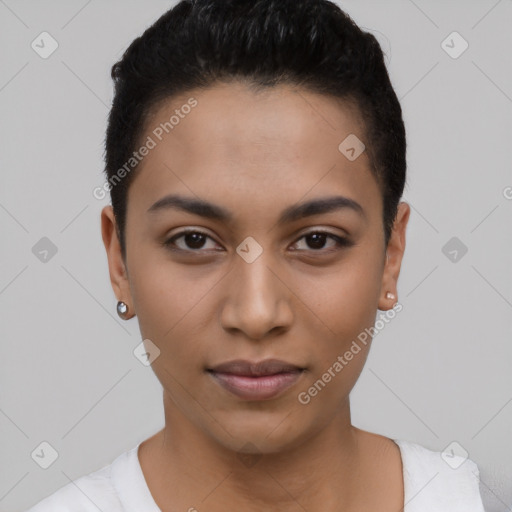 Joyful latino young-adult female with short  brown hair and brown eyes