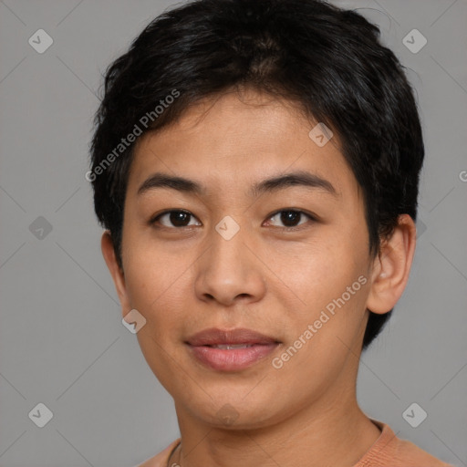 Joyful asian young-adult female with short  brown hair and brown eyes