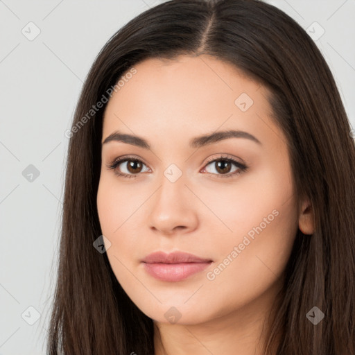 Neutral white young-adult female with long  brown hair and brown eyes