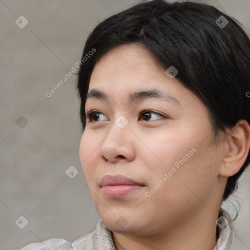 Neutral white young-adult female with medium  brown hair and brown eyes