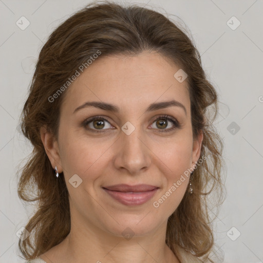 Joyful white young-adult female with medium  brown hair and green eyes