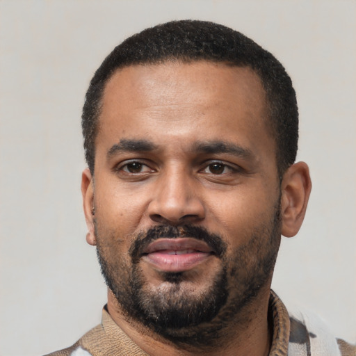 Neutral latino adult male with short  black hair and brown eyes