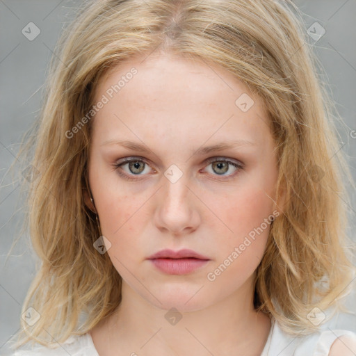 Neutral white young-adult female with medium  brown hair and blue eyes