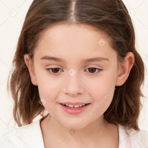 Joyful white child female with medium  brown hair and brown eyes