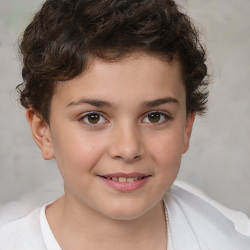 Joyful white child female with short  brown hair and brown eyes