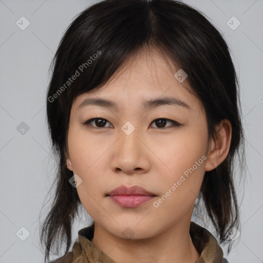 Neutral asian young-adult female with medium  brown hair and brown eyes