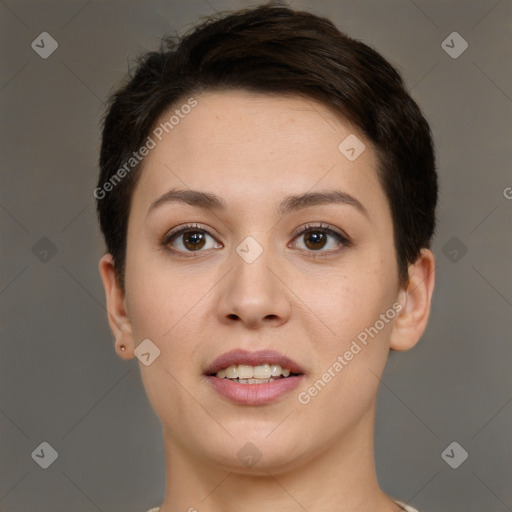 Joyful white young-adult female with short  brown hair and brown eyes