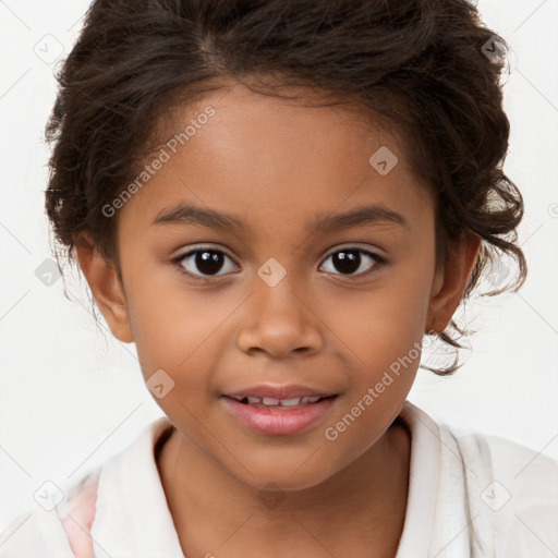 Joyful white child female with short  brown hair and brown eyes