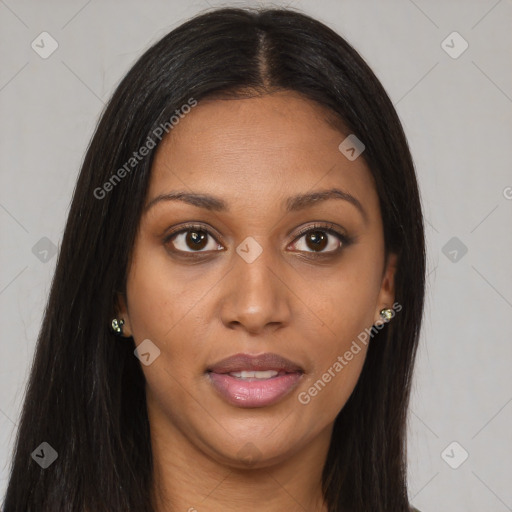 Joyful asian young-adult female with long  brown hair and brown eyes