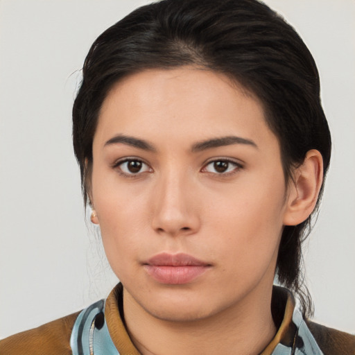 Neutral asian young-adult female with short  brown hair and brown eyes