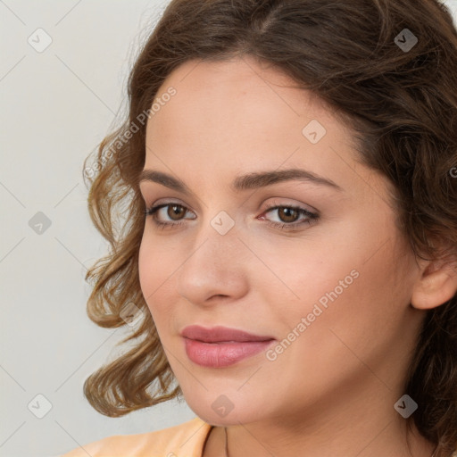 Joyful white young-adult female with medium  brown hair and green eyes