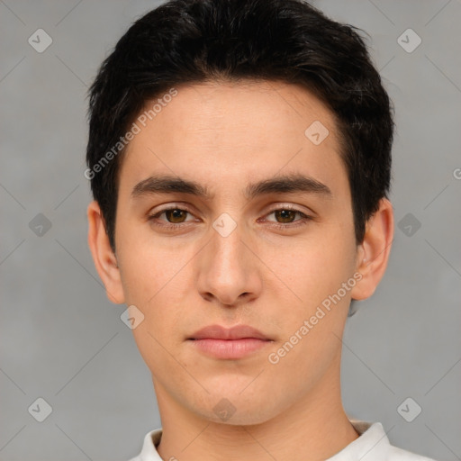 Neutral white young-adult male with short  brown hair and brown eyes