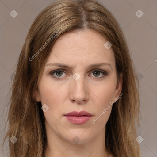 Neutral white young-adult female with long  brown hair and brown eyes