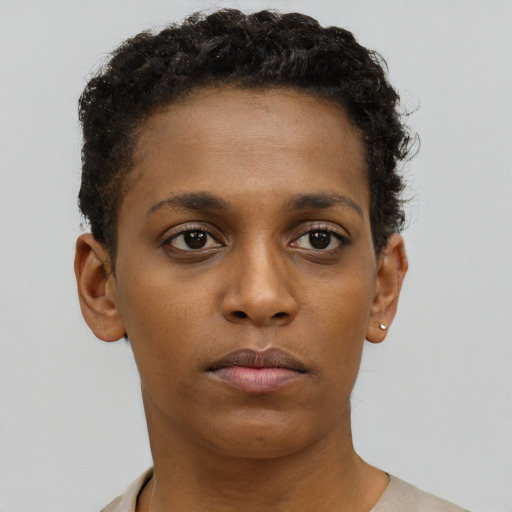 Neutral black young-adult female with short  brown hair and brown eyes