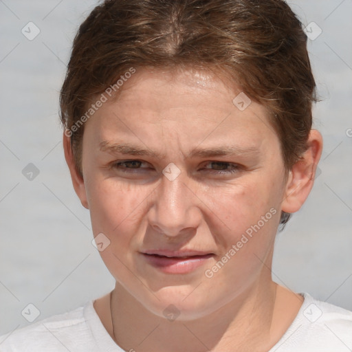 Joyful white adult female with short  brown hair and brown eyes