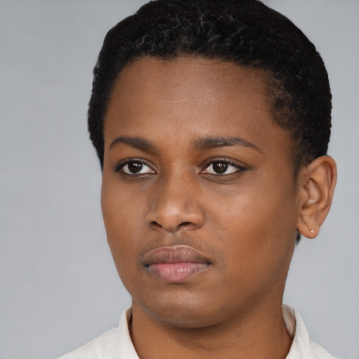 Neutral black young-adult female with short  black hair and brown eyes