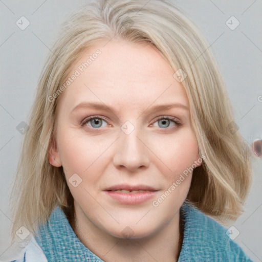 Joyful white young-adult female with medium  brown hair and blue eyes