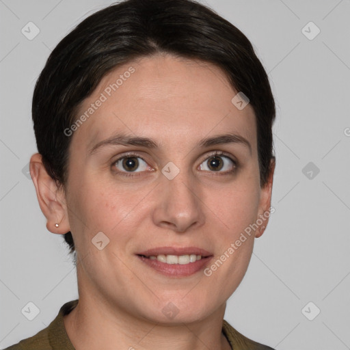 Joyful white young-adult female with short  brown hair and grey eyes