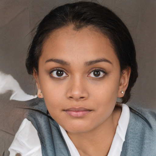 Neutral white young-adult female with medium  black hair and brown eyes