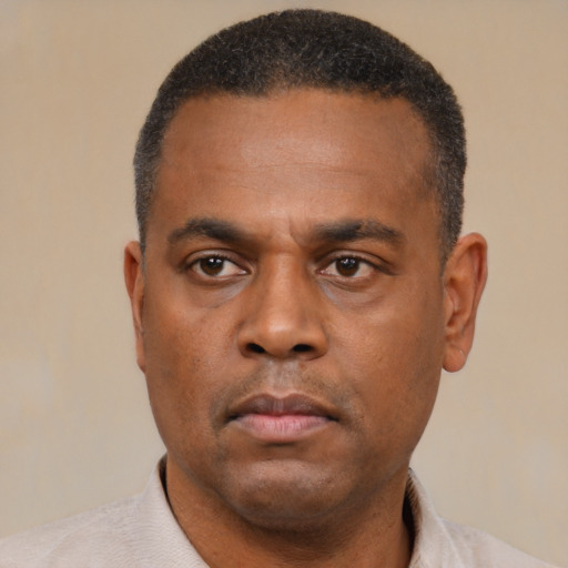 Neutral black adult male with short  black hair and brown eyes